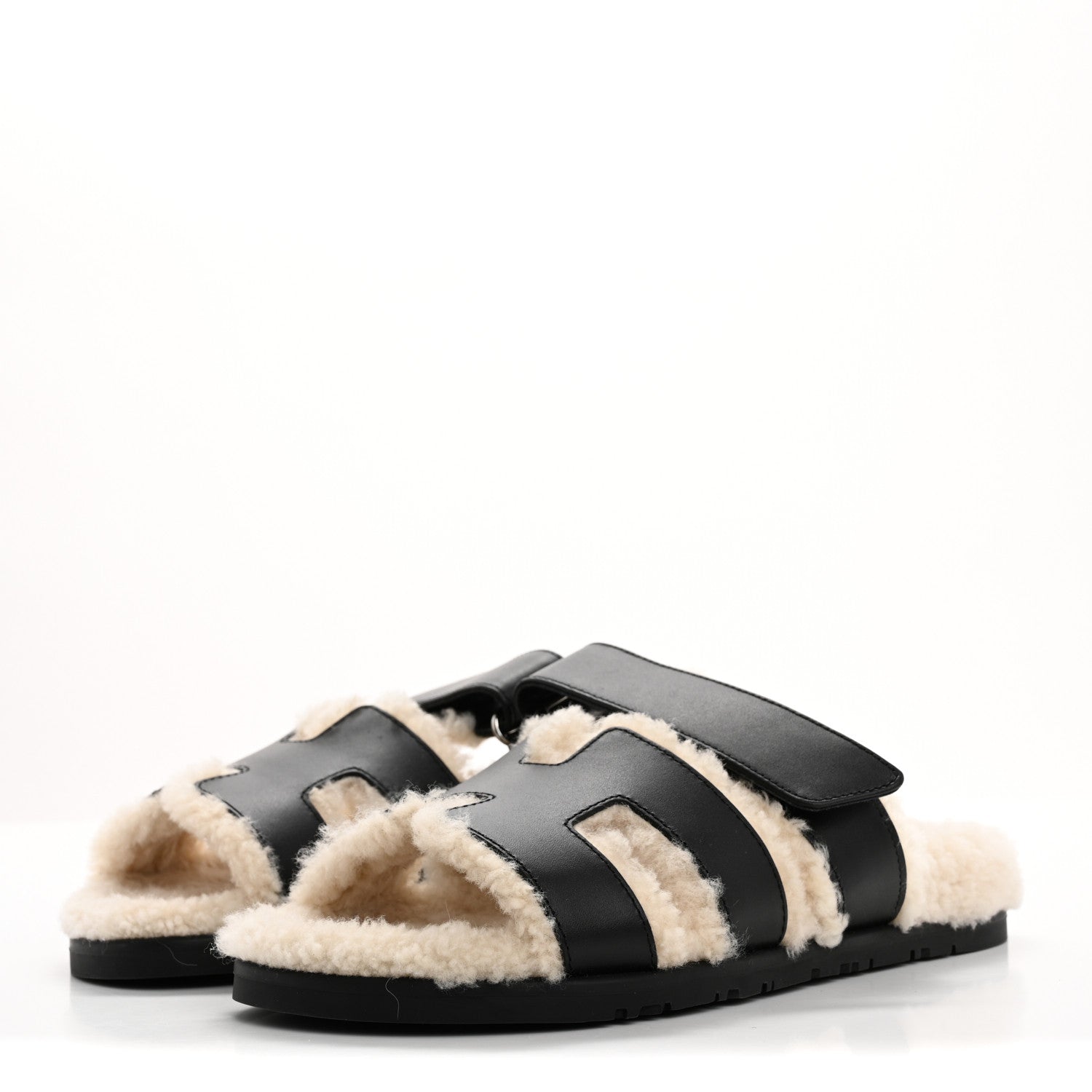 Hermes Glazed Nappa Woolskin Womens Chypre Sandals 38 Black Ecru 4 of 9