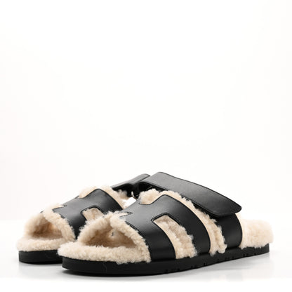 Hermes Glazed Nappa Woolskin Womens Chypre Sandals 38 Black Ecru 4 of 9