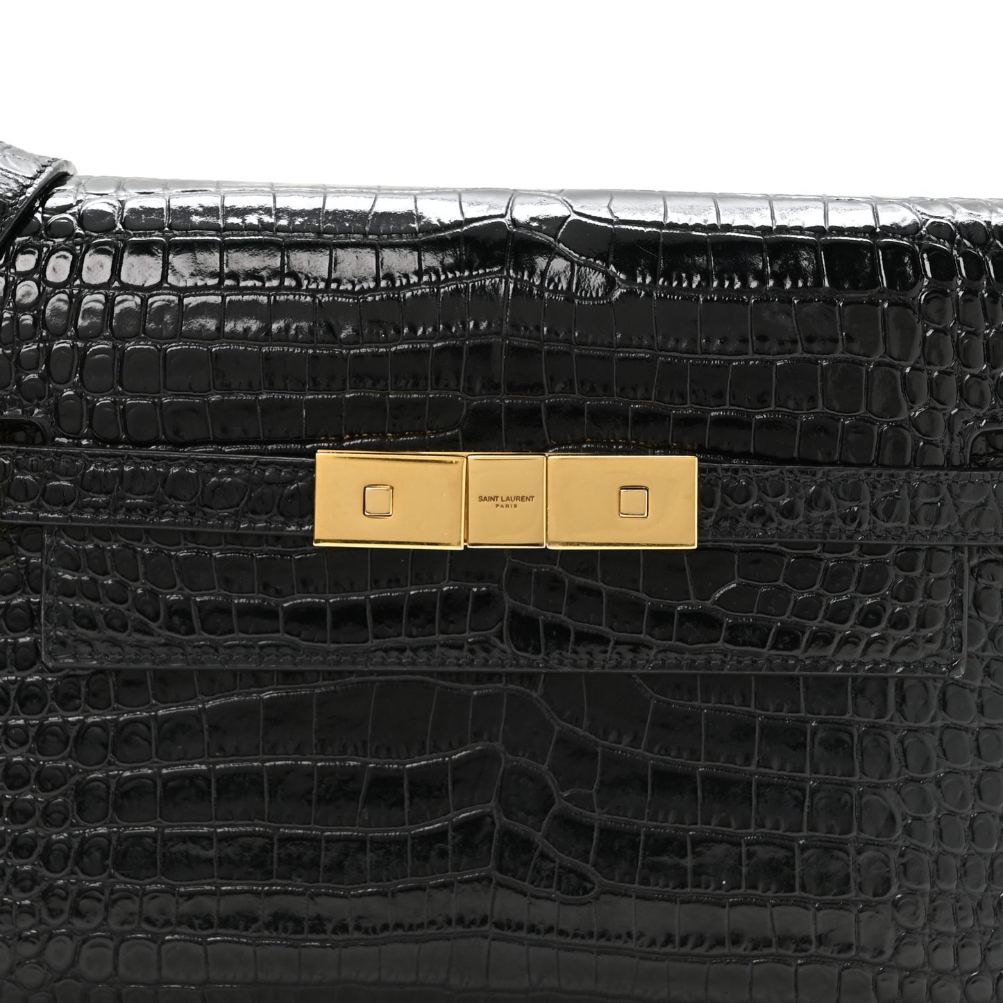 Shiny Calfskin Crocodile Embossed Small Manhattan Baguette Black