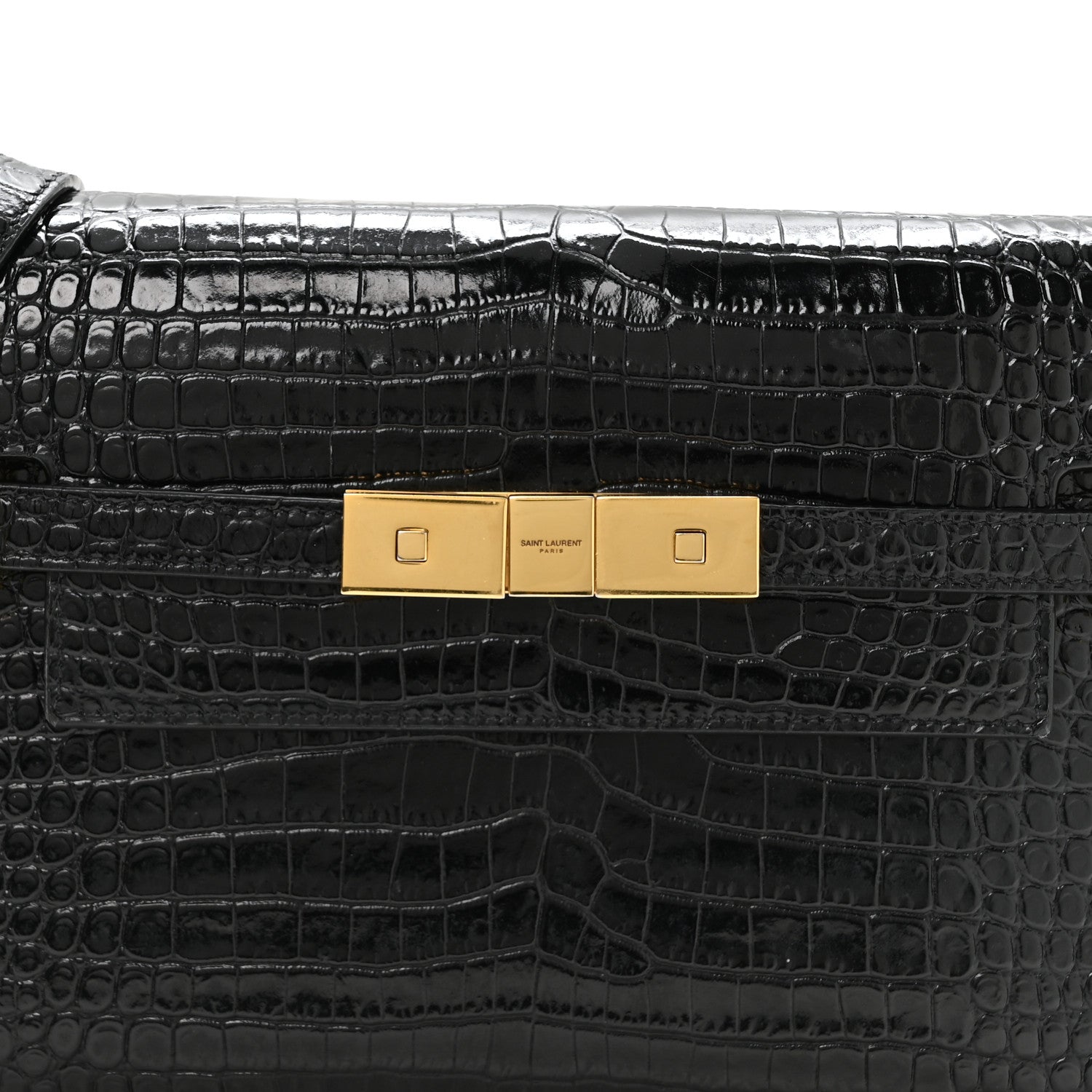 Saint Laurent Shiny Calfskin Crocodile Embossed Small Manhattan Baguette Black 8 of 10