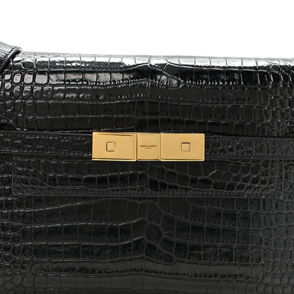 Saint Laurent Shiny Calfskin Crocodile Embossed Small Manhattan Baguette Black 8 of 10