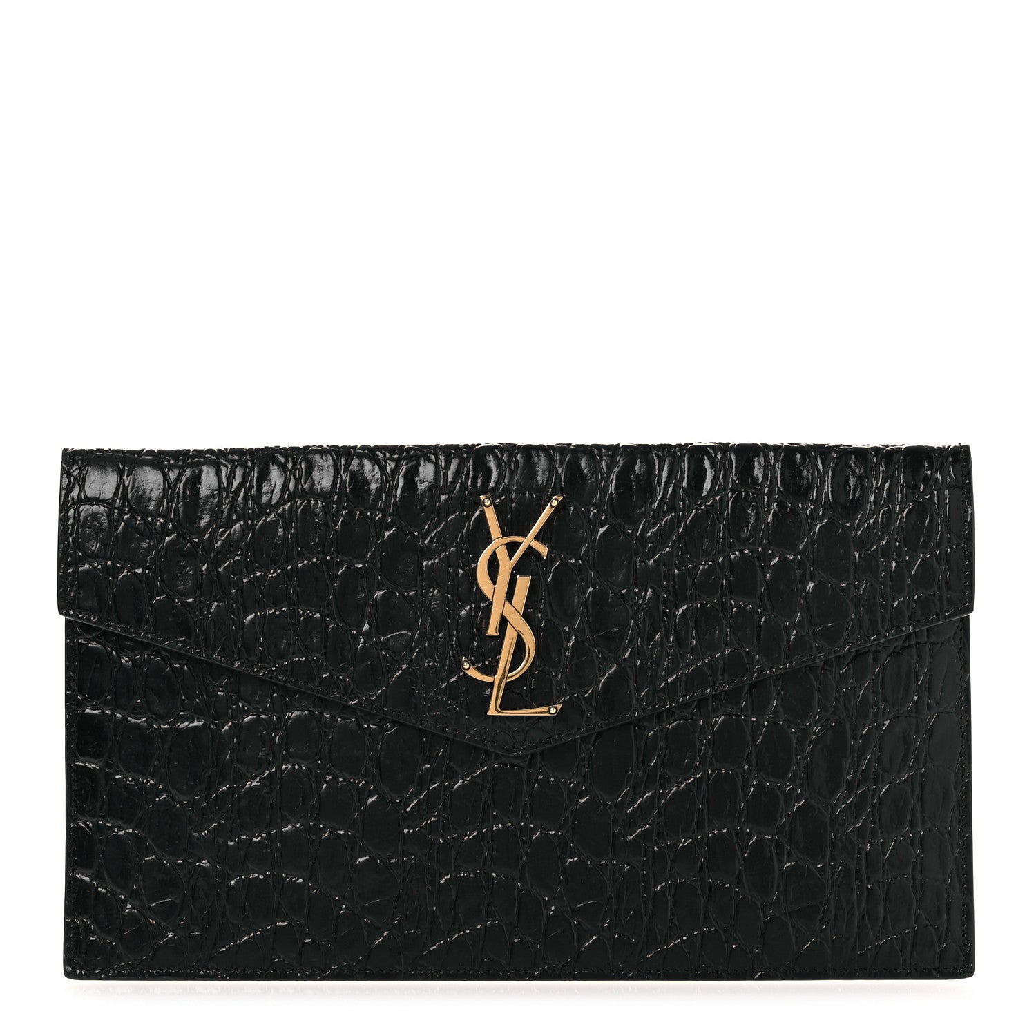 Saint Laurent Calfskin Crocodile Embossed Uptown Monogram Clutch Black 1 of 8