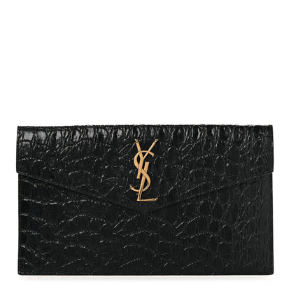 Saint Laurent Calfskin Crocodile Embossed Uptown Monogram Clutch Black 1 of 8