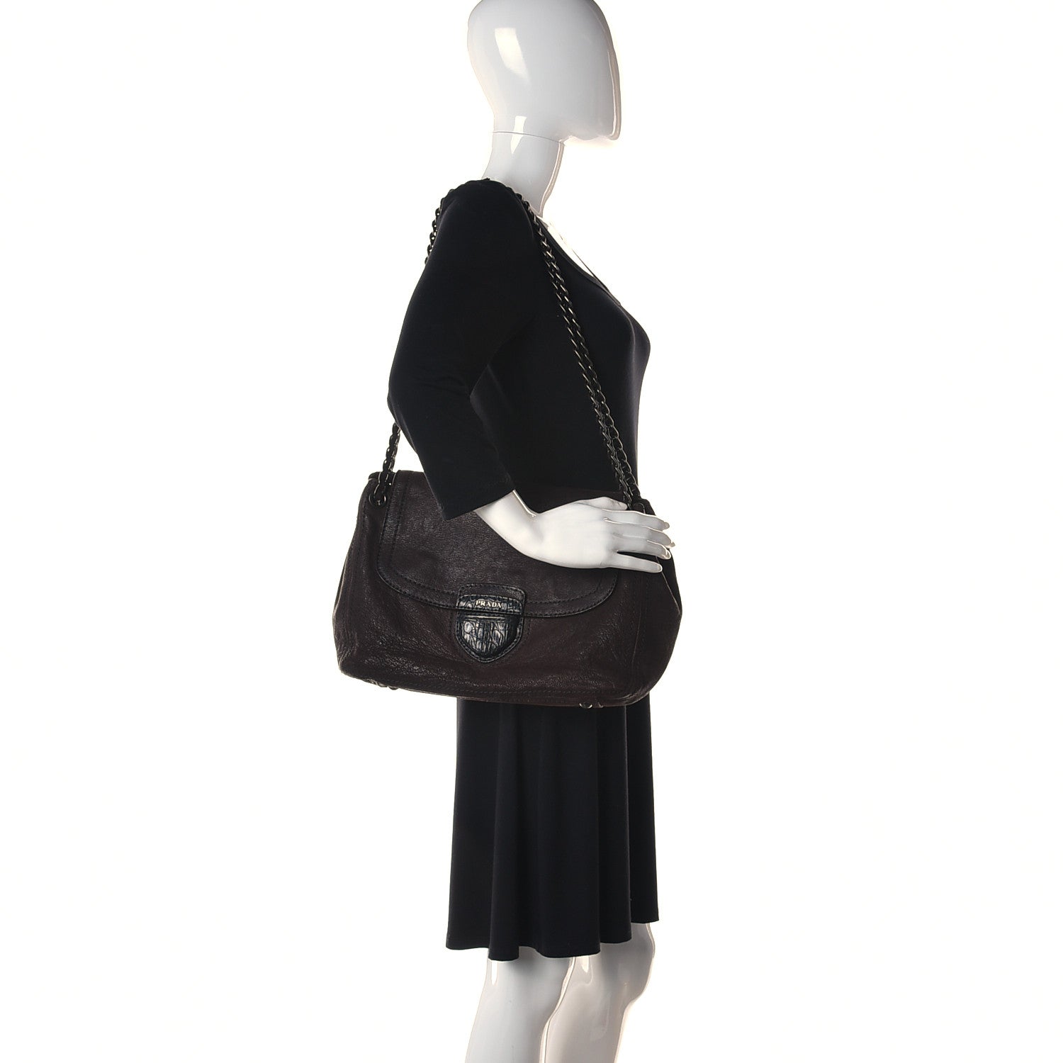 Prada Goatskin Crocodile Embossed Flap Shoulder Bag Dark Brown 2 of 14