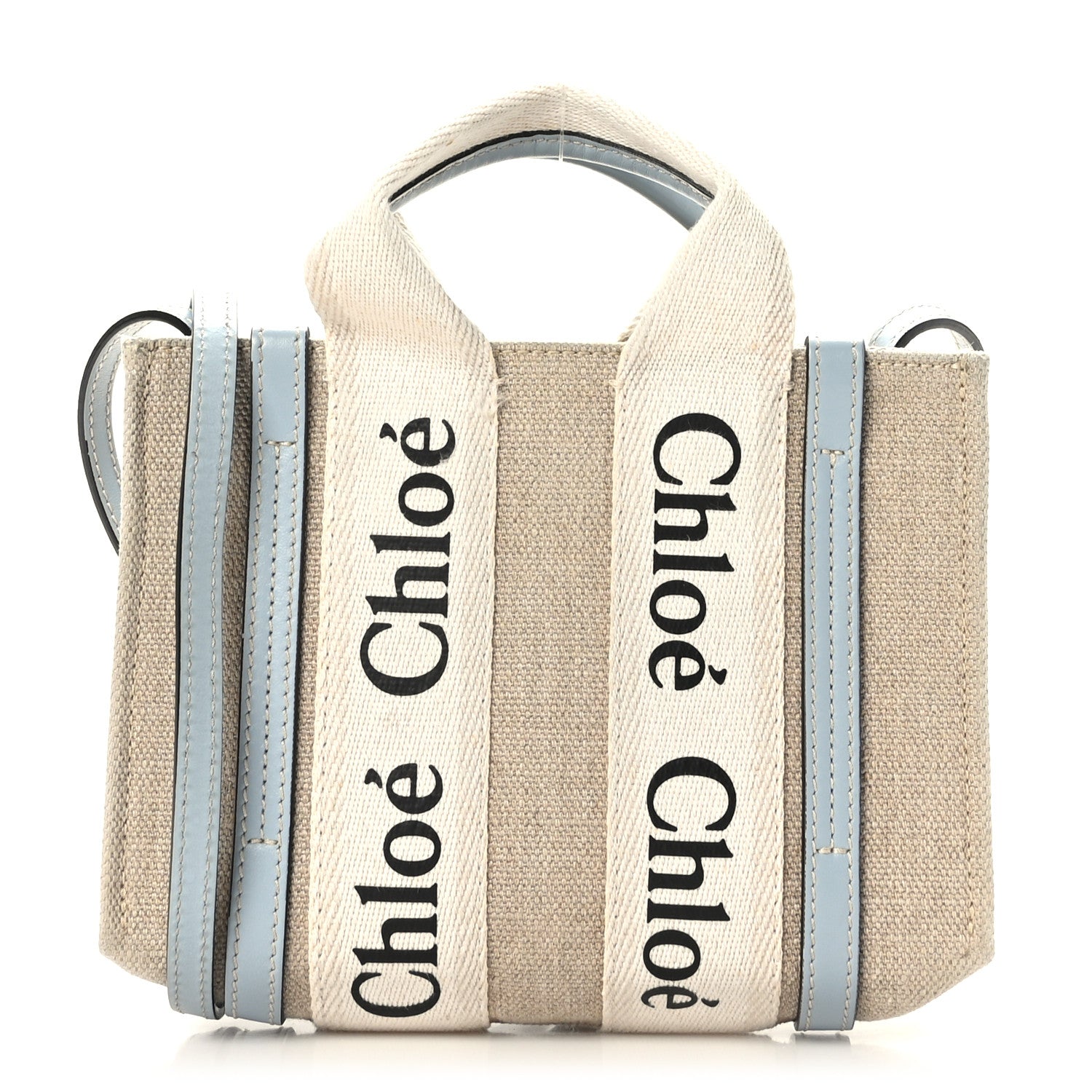 Chloe Cotton Calfskin Nano Woody Ribbon Tote With Strap White Blue 1 of 9