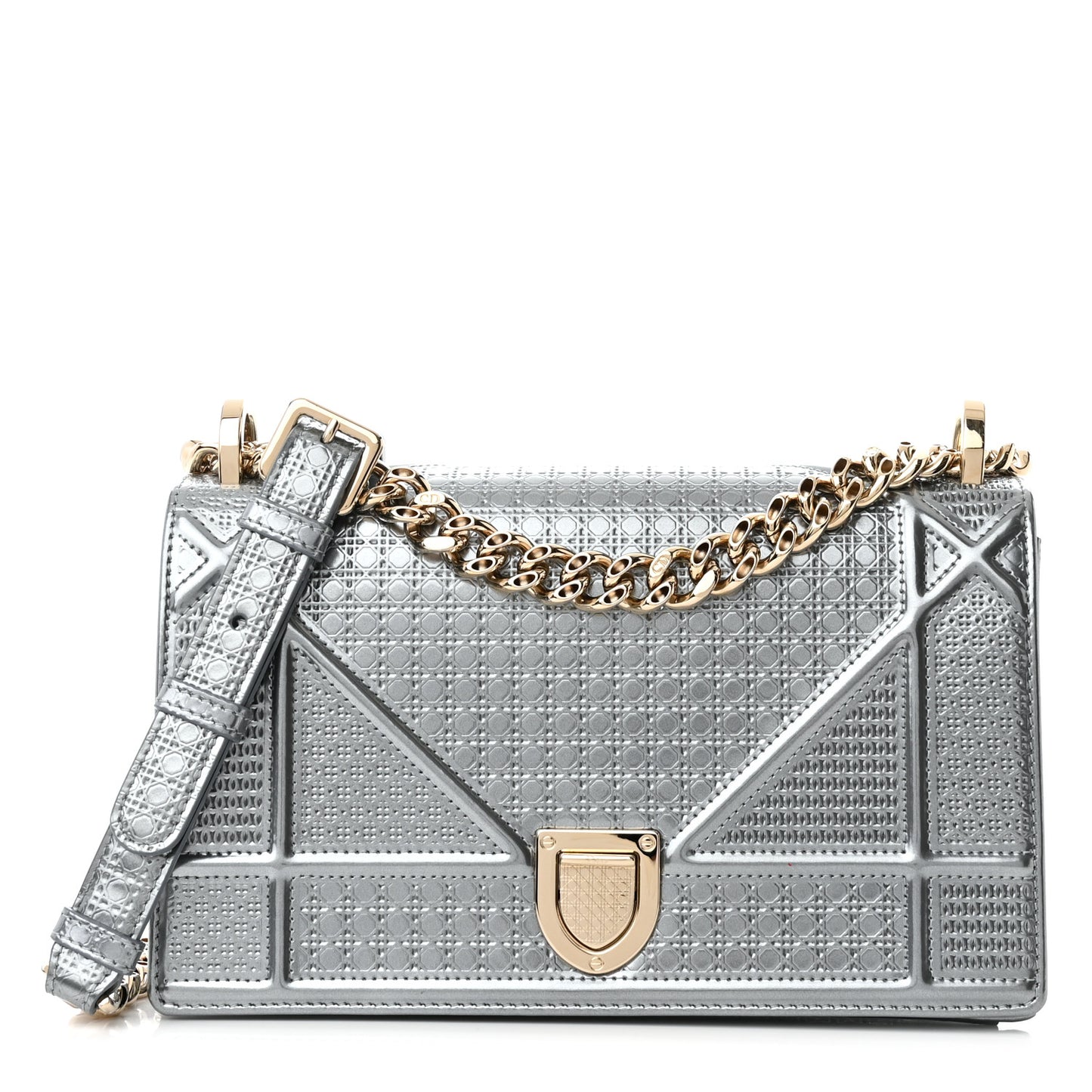 Metallic Patent Micro-Cannage Medium Diorama Flap Bag Silver