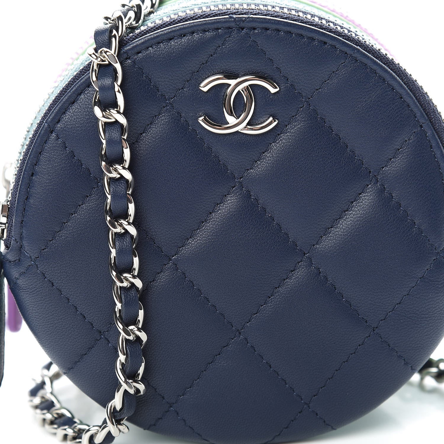 Chanel Lambskin Quilted Round Clutch With Chain Navy Blue Green Purple 8 of 11