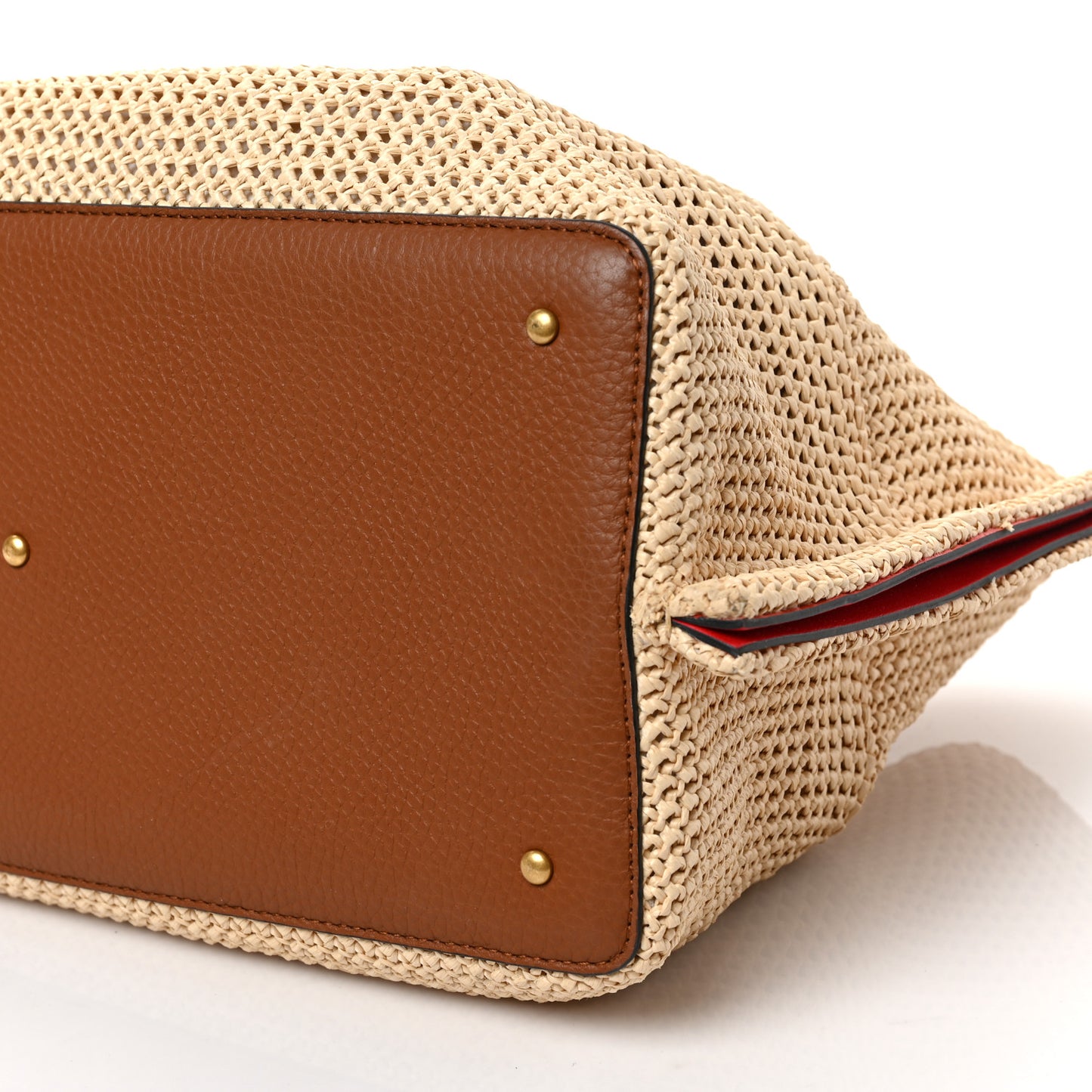 Raffia Grained Calfskin Medium Rockstud Vlogo Tote Naturale