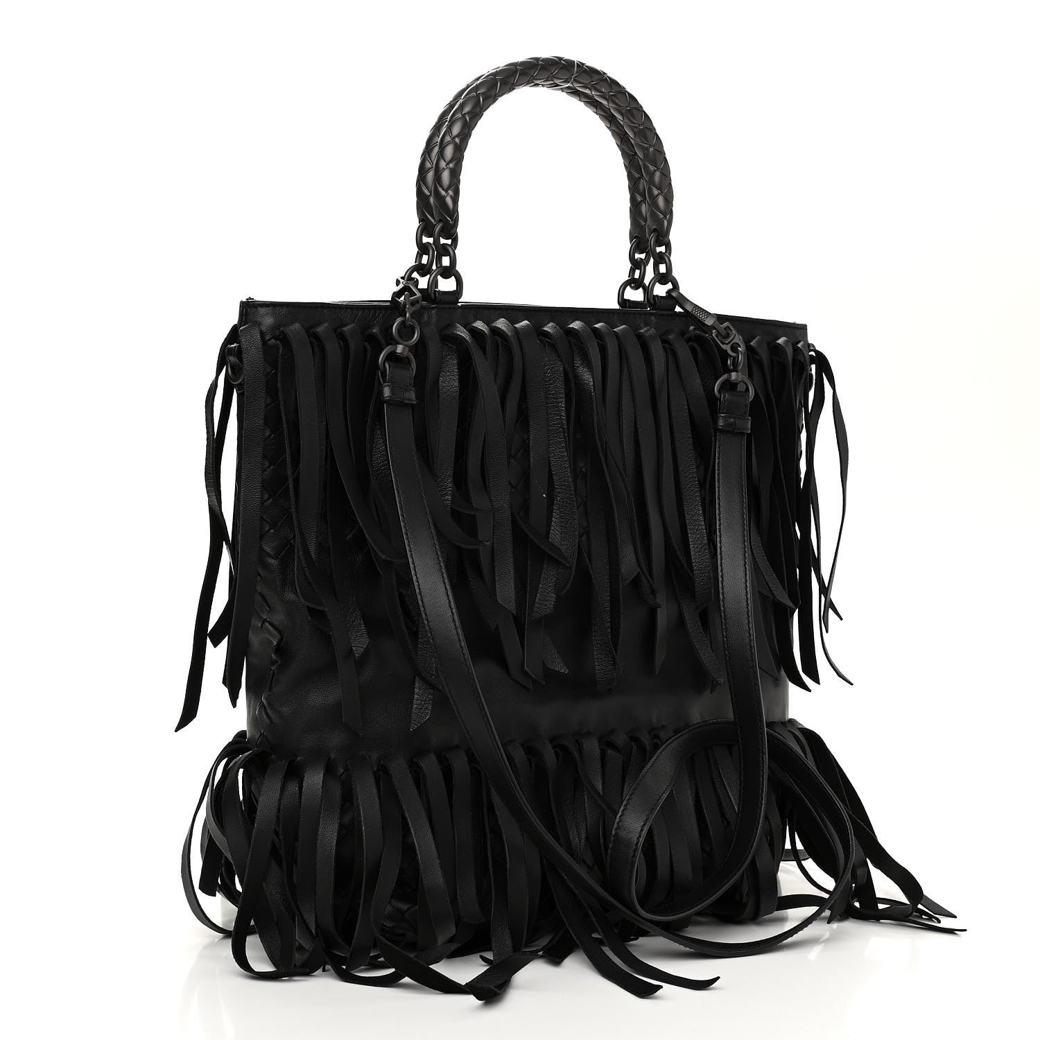 Bottega Veneta Nappa Fringe Woven Handle Tote Black 3 of 10