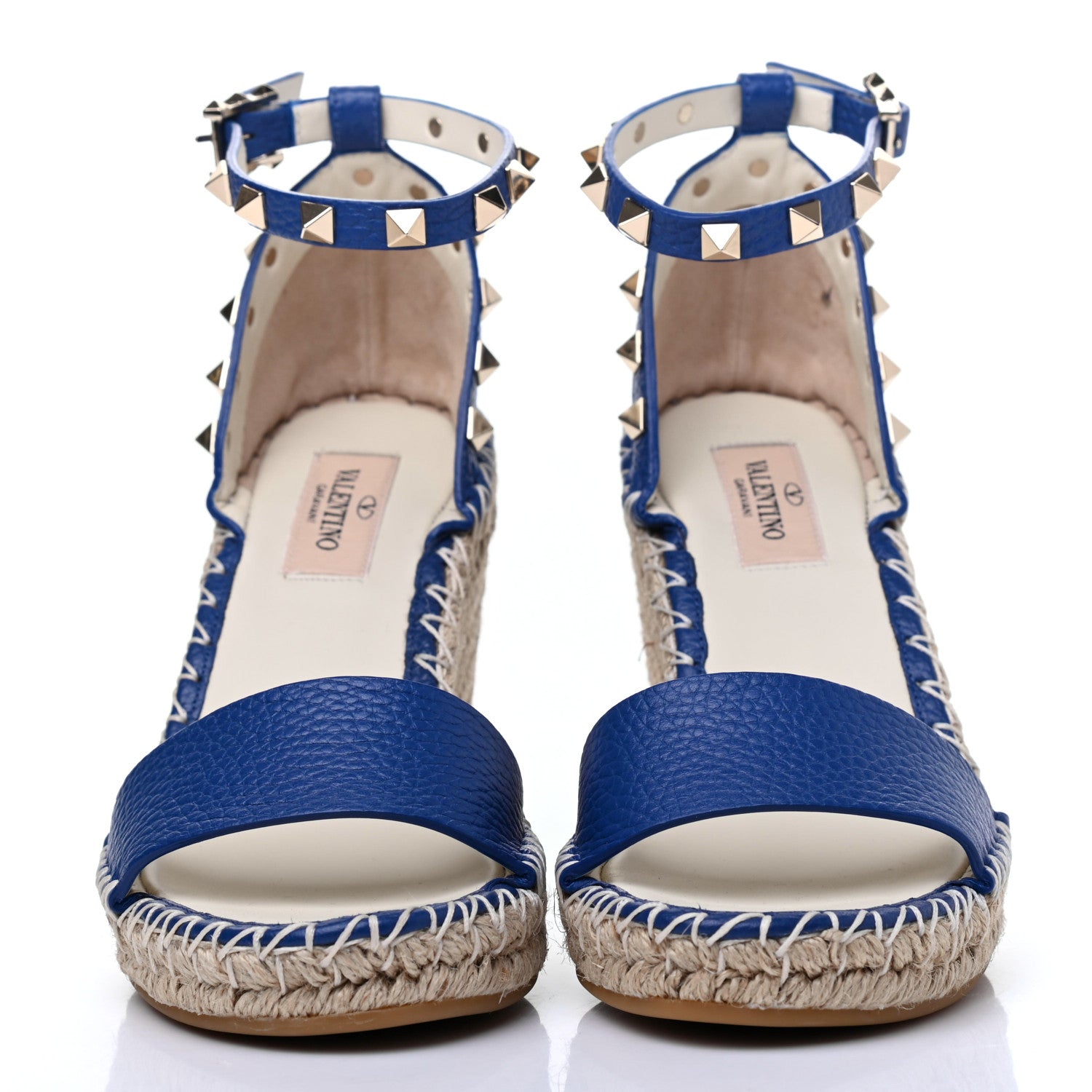 Valentino Garavani Grained Calfskin Rockstud Ankle Strap Espadrille 15/105mm Wedge Sandals 36 Blu Delft Natural 2 of 12