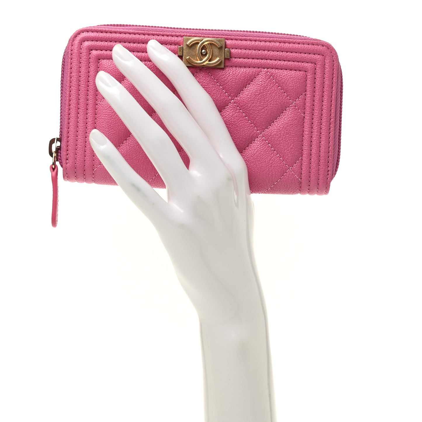 Caviar Quilted Boy Small Zip Around Wallet Pink