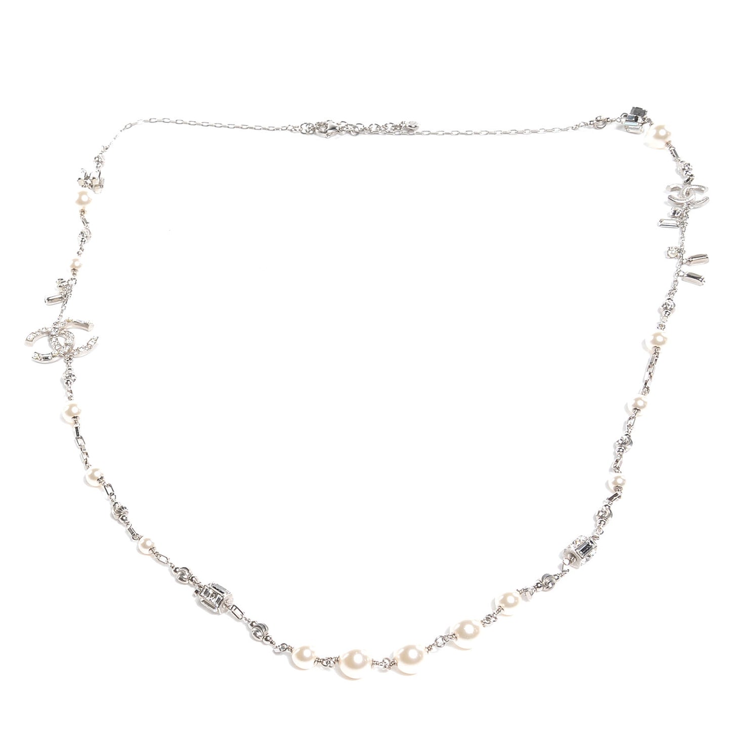 Crystal Pearl CC Long Necklace Silver
