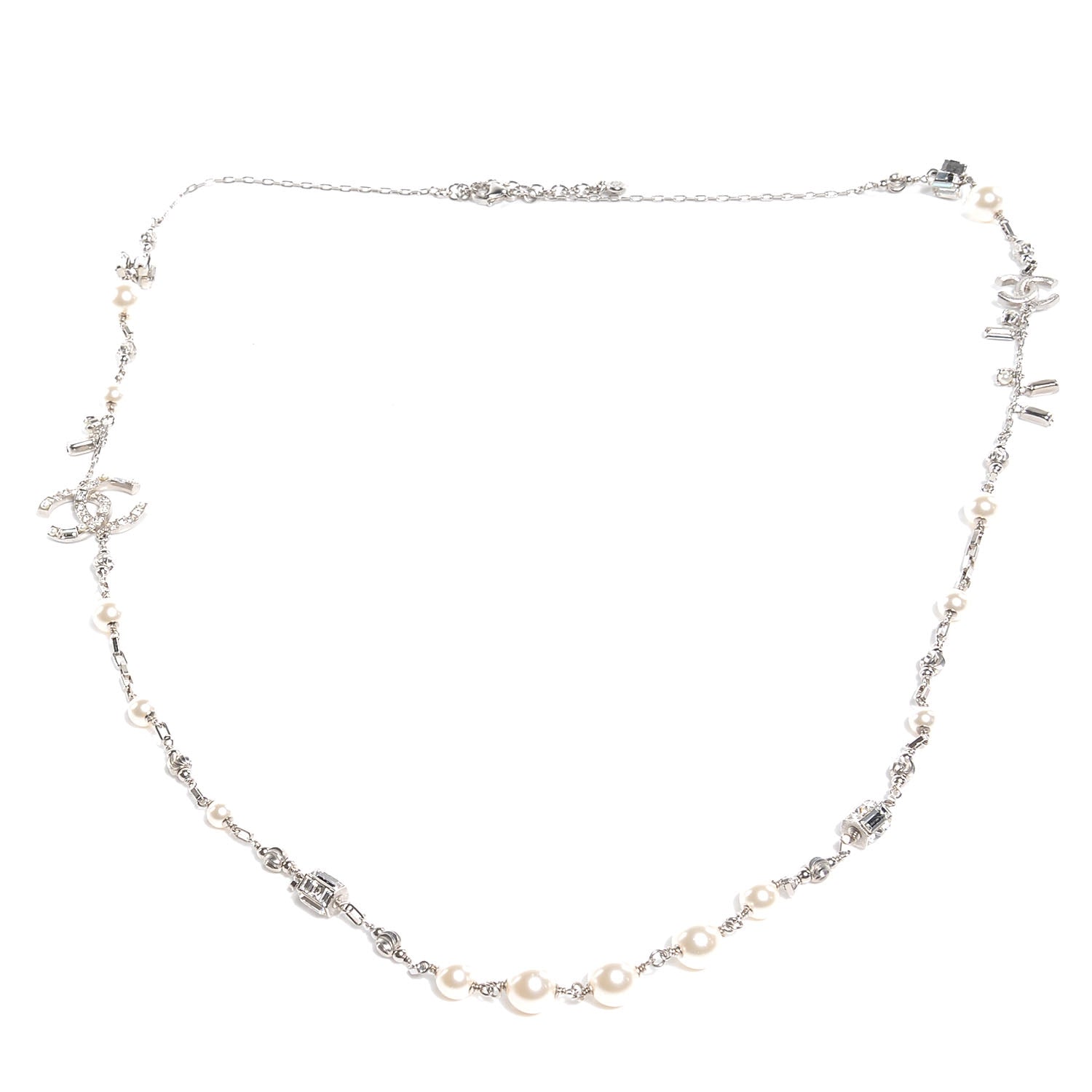 Chanel Crystal Pearl CC Long Necklace Silver 4 of 6