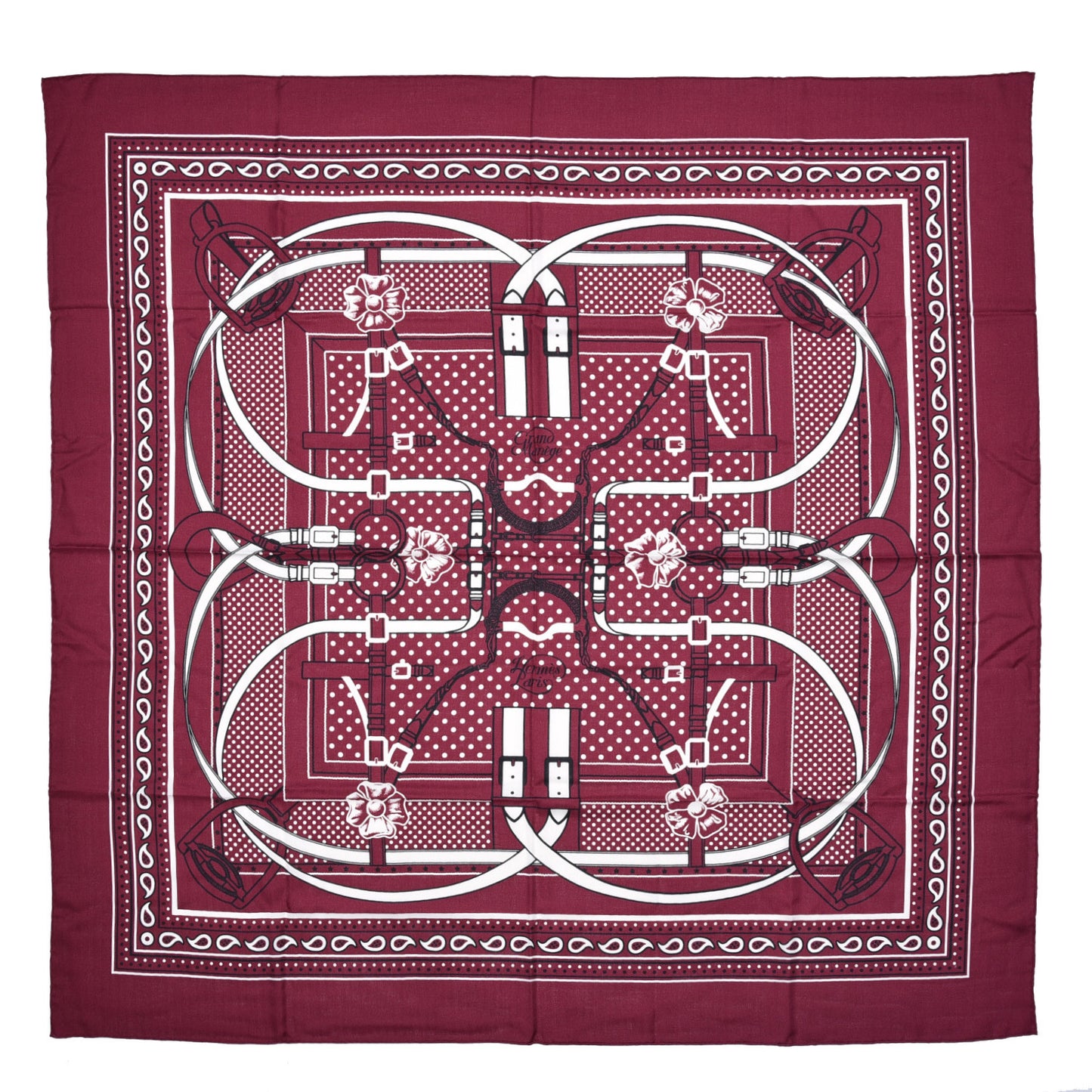 Silk Cashmere Grand Manege Bandana Shawl 140 Bordeaux White Black