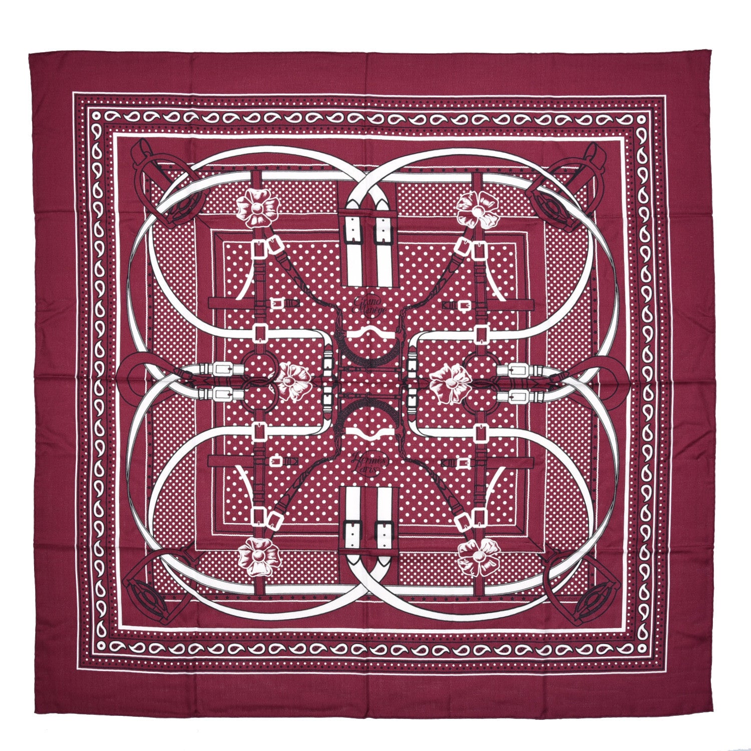 Hermes Silk Cashmere Grand Manege Bandana Shawl 140 Bordeaux White Black 1 of 6