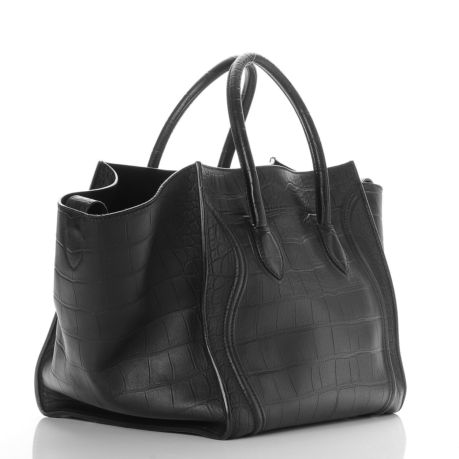 Celine Crocodile Embossed Calfskin Medium Phantom Luggage Black 3 of 7