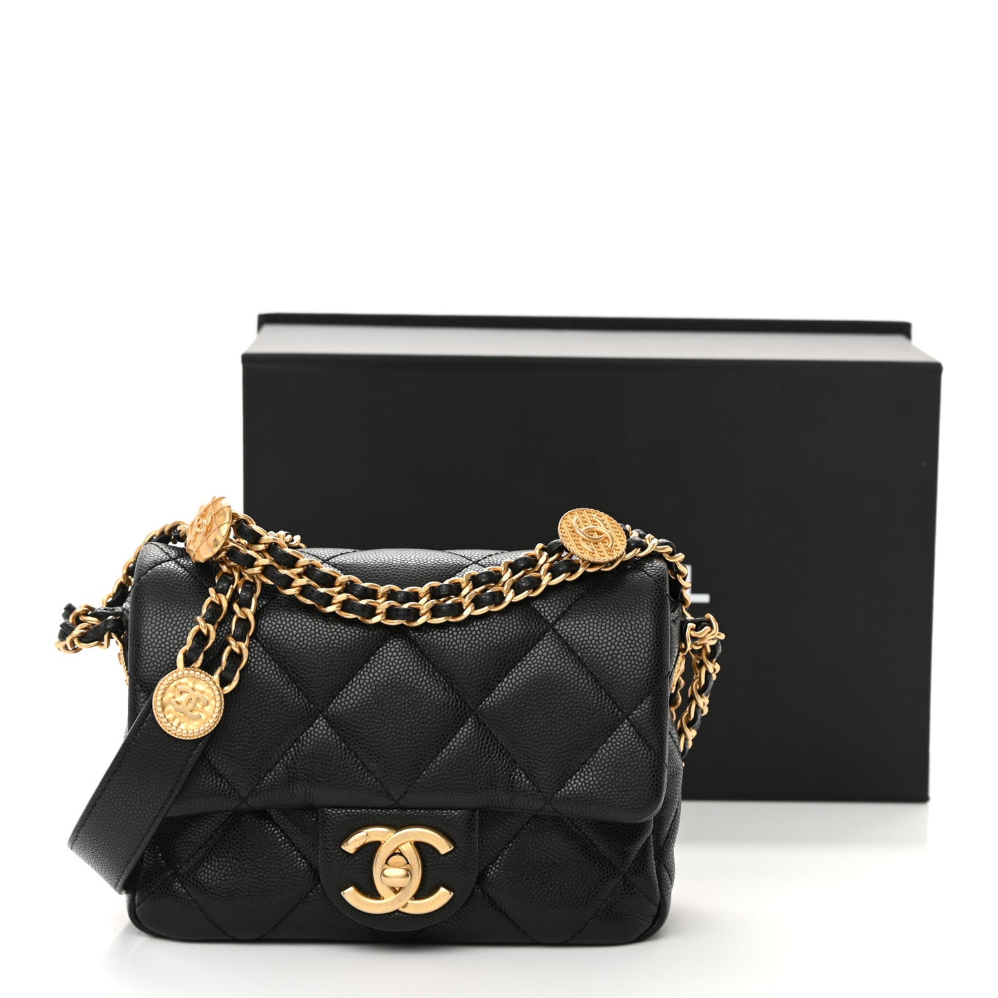 Caviar Quilted Mini Twist Your Buttons Flap Black