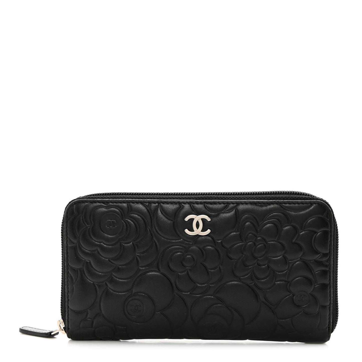 Lambskin Camellia Embossed Zip Around Gusset Wallet Black