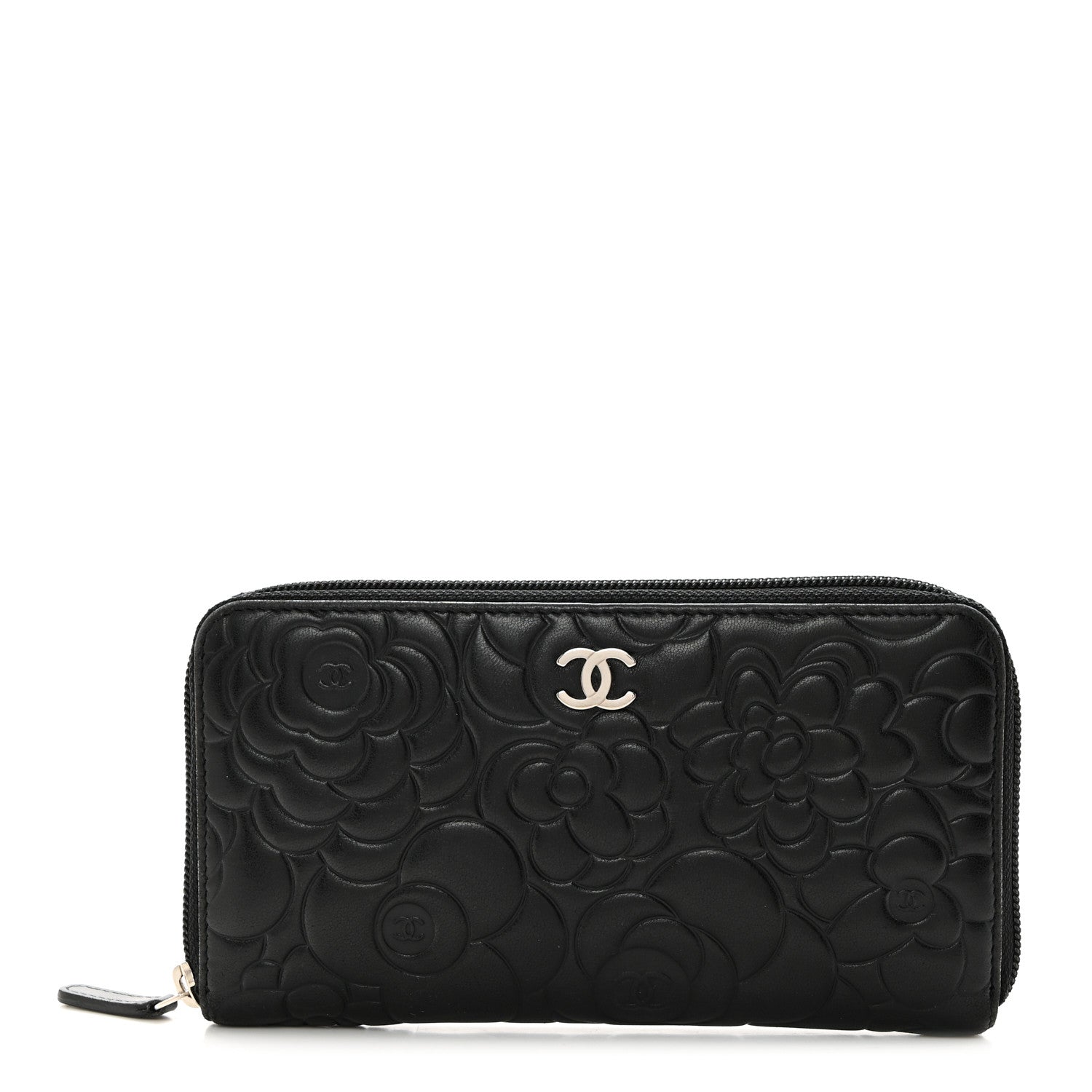 Chanel Lambskin Camellia Embossed Zip Around Gusset Wallet Black 1 of 9