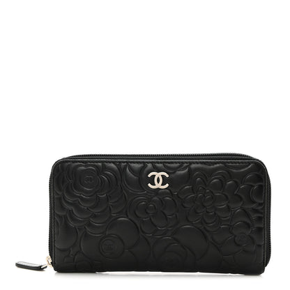 Chanel Lambskin Camellia Embossed Zip Around Gusset Wallet Black 1 of 9