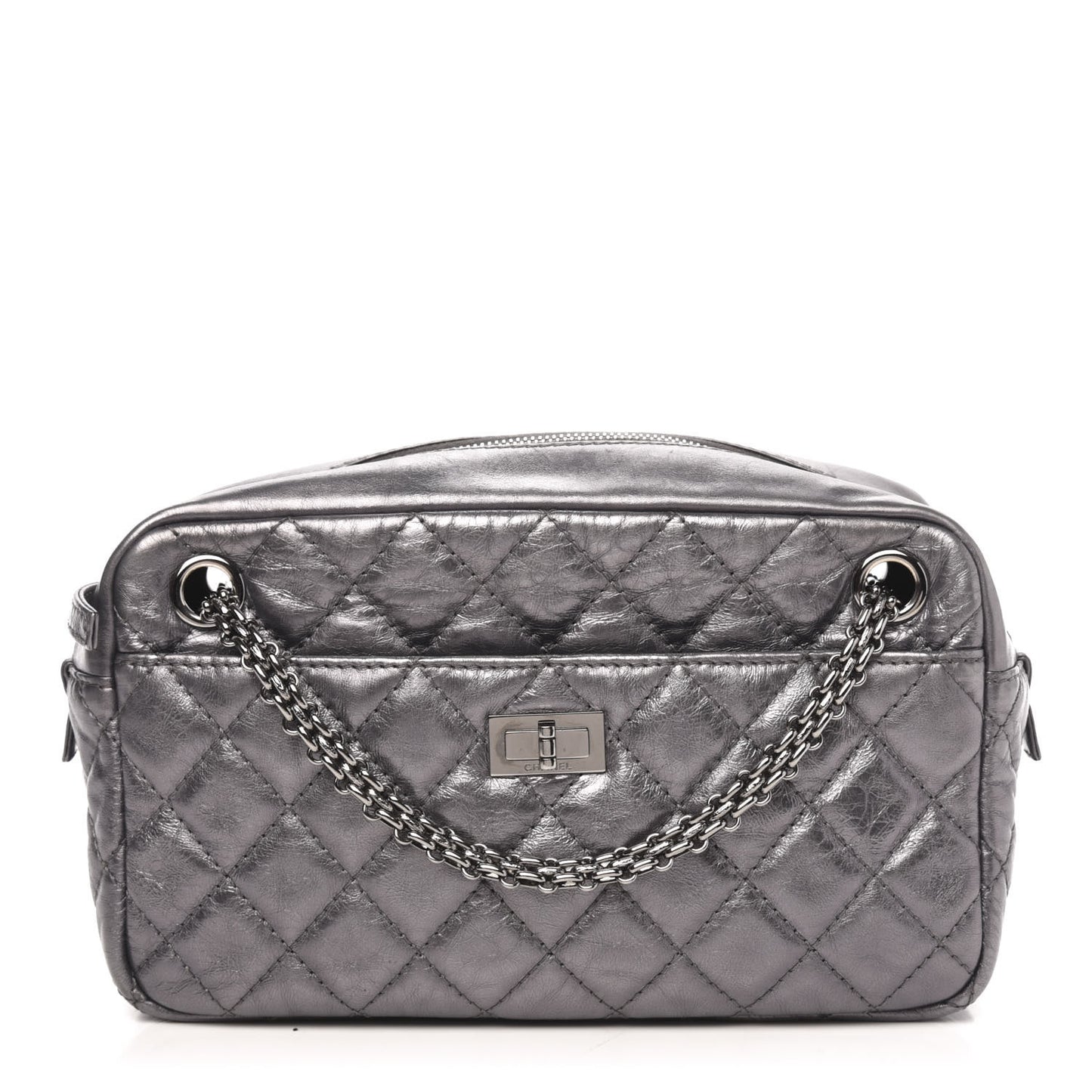 Metallic Aged Calfskin Quilted Medium Reissue Camera Case Dark Silver