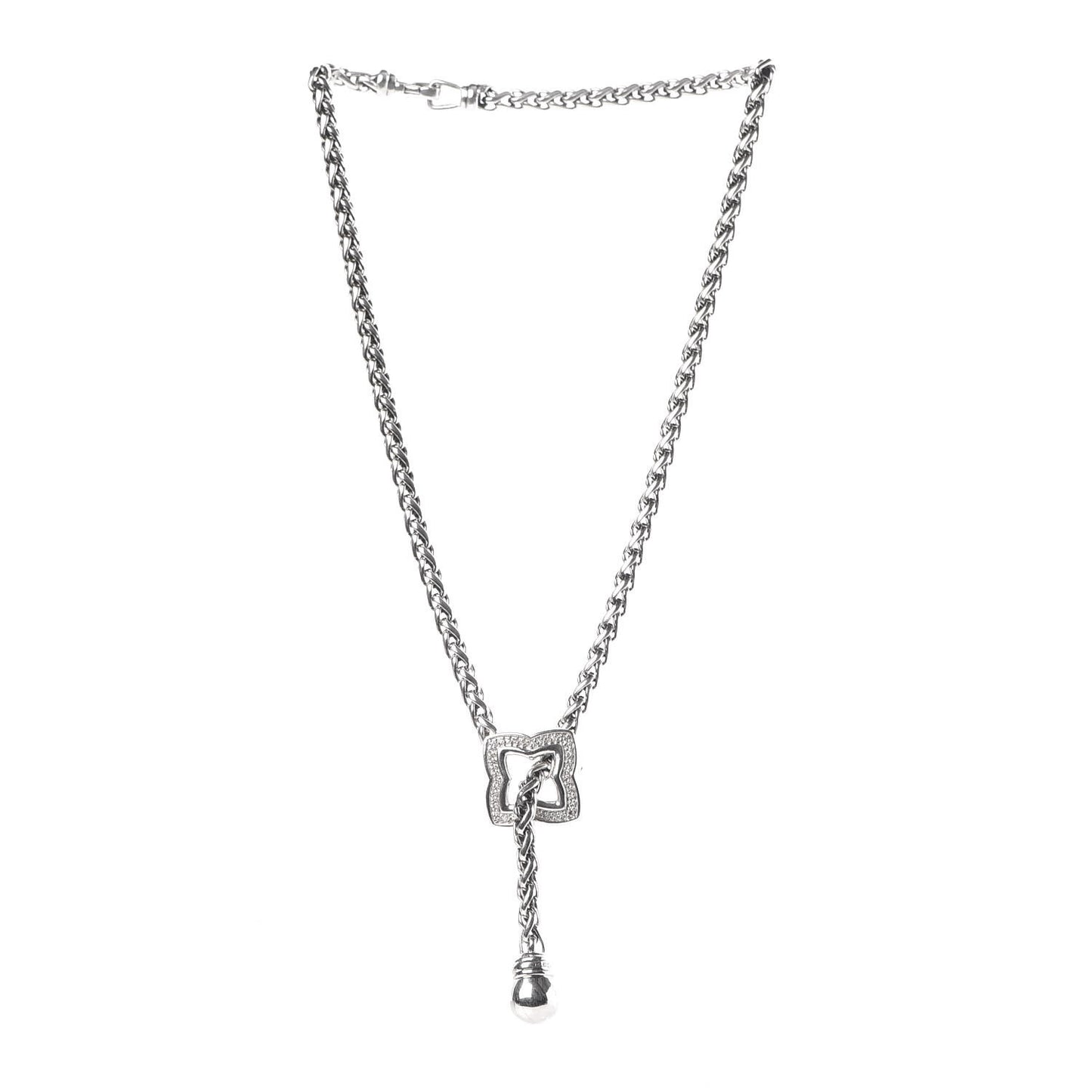 Sterling Silver Diamond Quatrefoil Lariat Wheat Chain Necklace