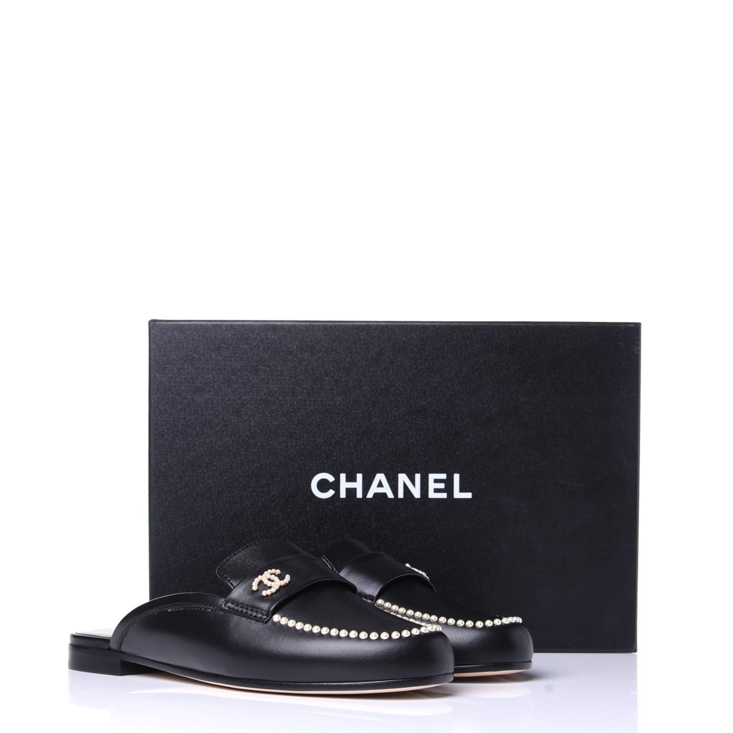Calfskin Pearl CC Mules 37 Black