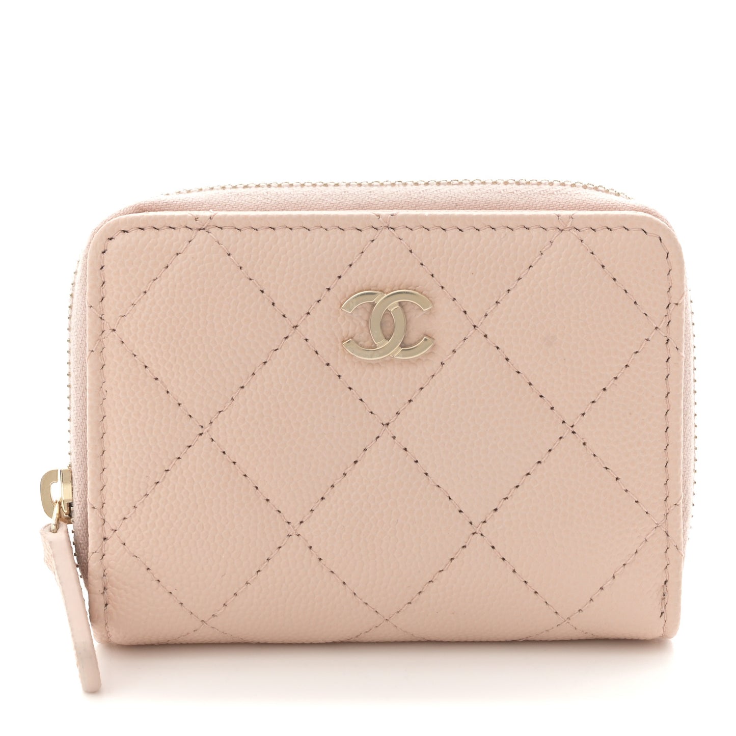 Caviar Quilted Compact Zipped Wallet Beige