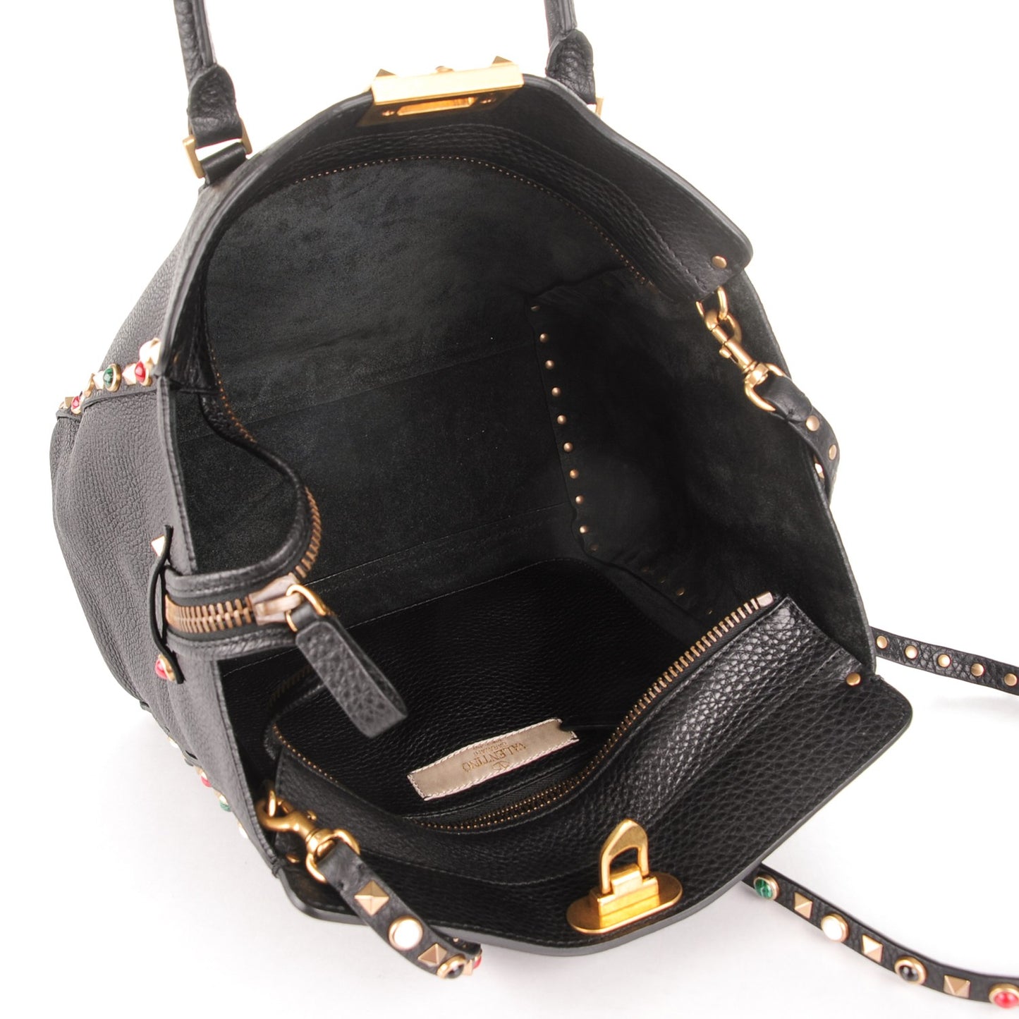 Pebbled Calfskin Rockstud Rolling Double Handle Tote Black