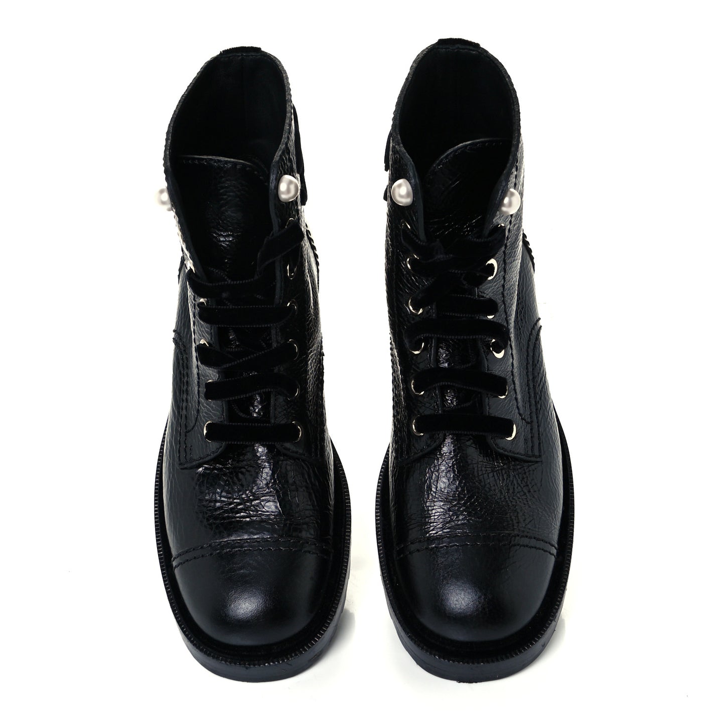 Shiny Calfskin Velvet Pearl Combat Short Boots 39 Black
