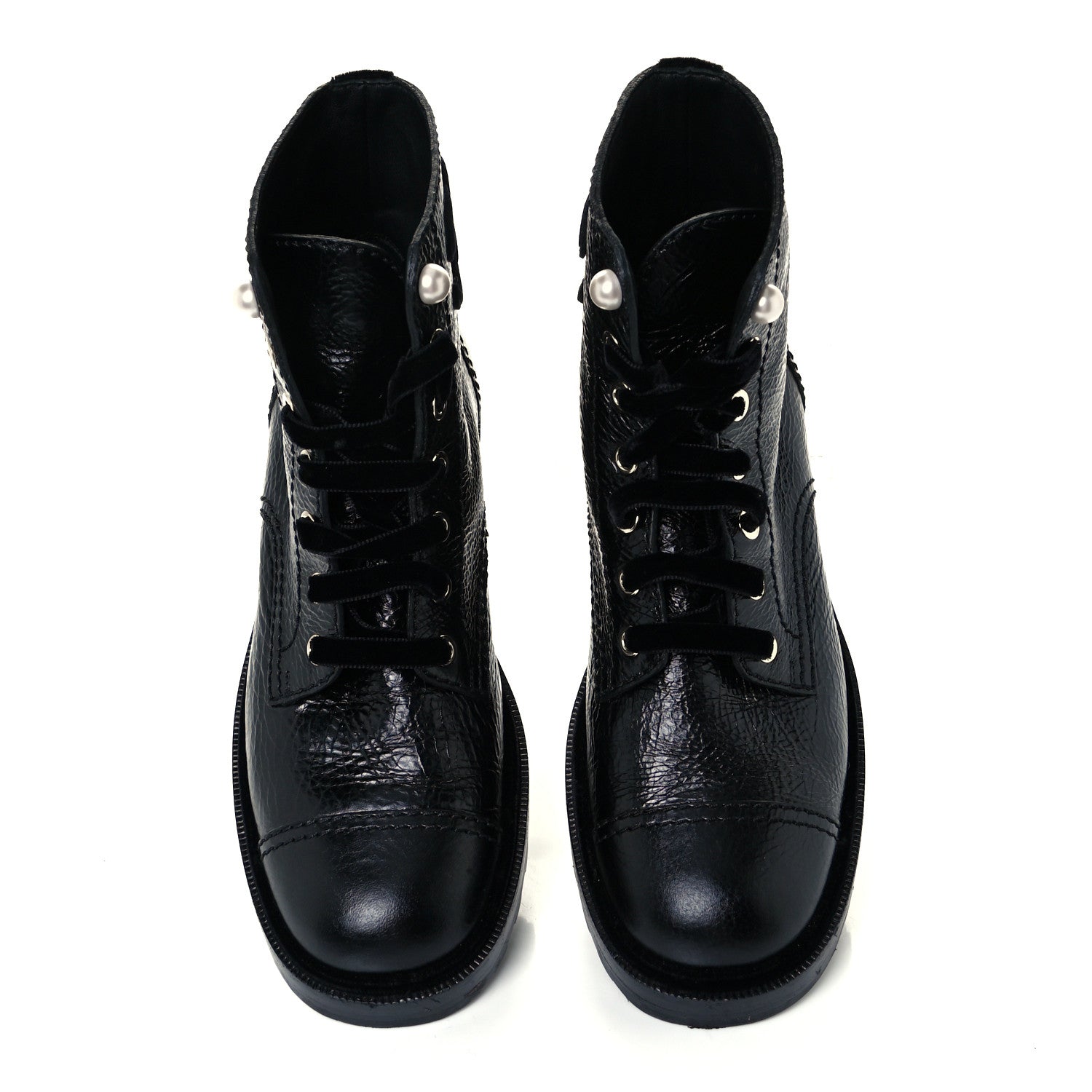 Chanel Shiny Calfskin Velvet Pearl Combat Short Boots 39 Black 5 of 10