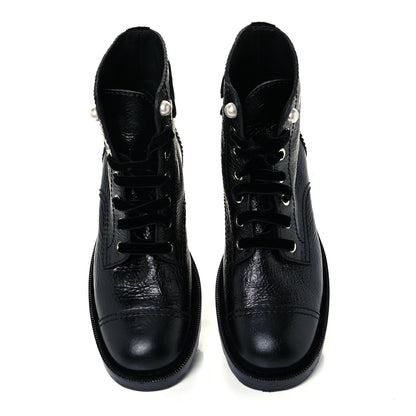 Chanel Shiny Calfskin Velvet Pearl Combat Short Boots 39 Black 5 of 10