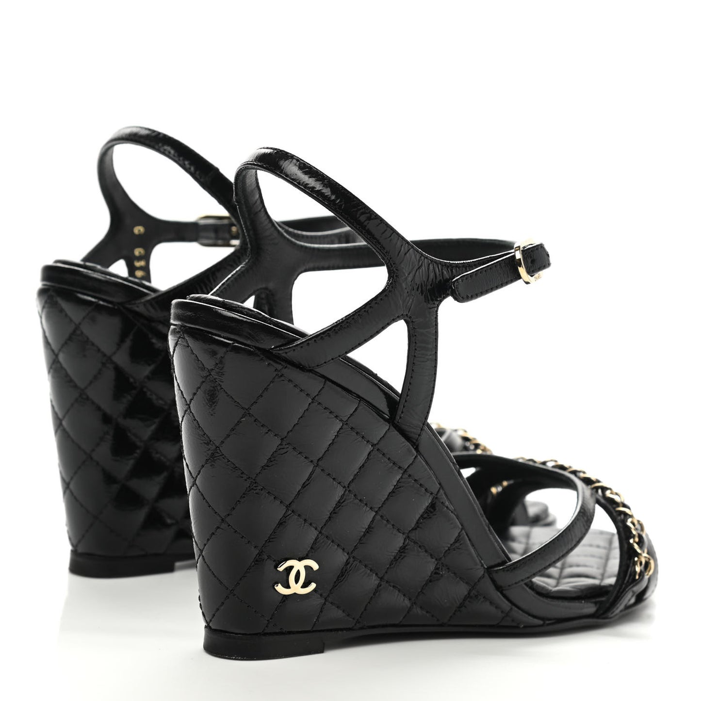 Lambskin Quilted Wedge Sandals 37.5 Black