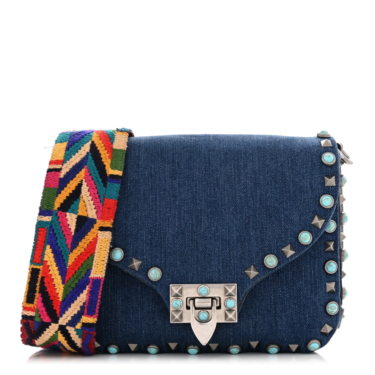 Valentino Garavani Denim Guitar Strap Rockstud Rolling Shoulder Flap Messenger Bag 1 of 10