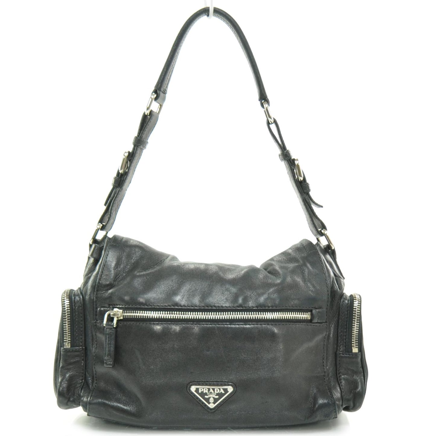 Leather Pushlock Flap Shoulder Bag Black