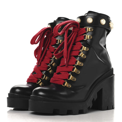 Gucci Magnum Calfskin Pearl Lace Up Combat Ankle Boots 36.5 Black 4 of 9