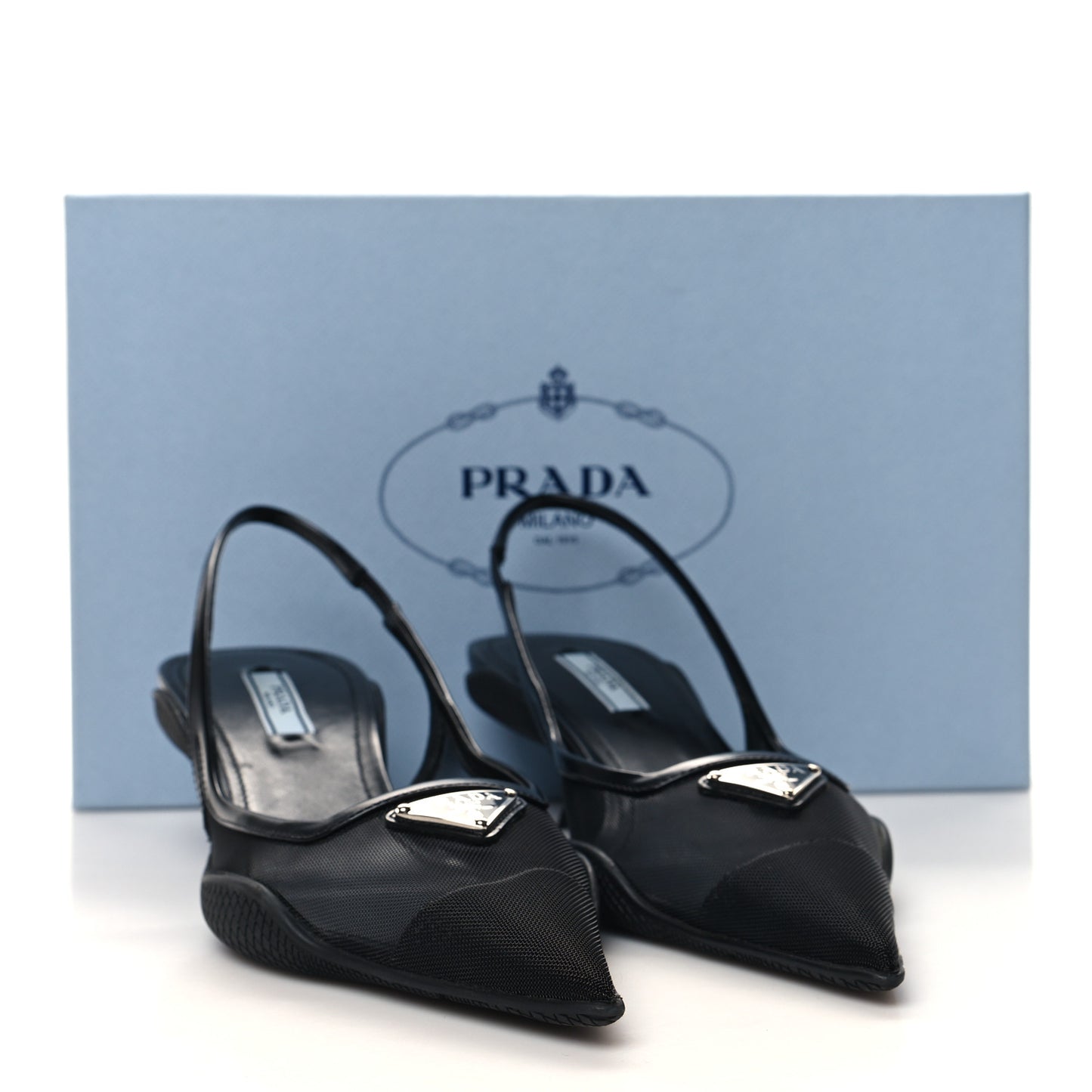 Mesh Nappa Triangle Logo Pointed Toe 45mm Slingback Pumps 36.5 Black