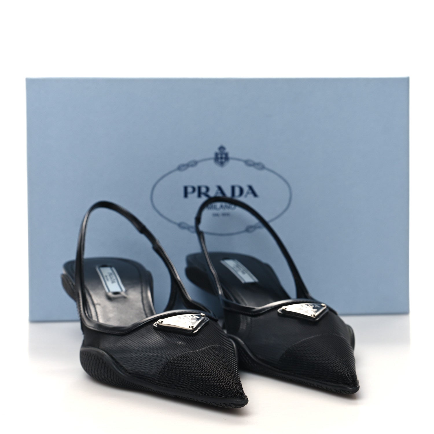 Prada Mesh Nappa Triangle Logo Pointed Toe 45mm Slingback Pumps 36.5 Black 11 of 11