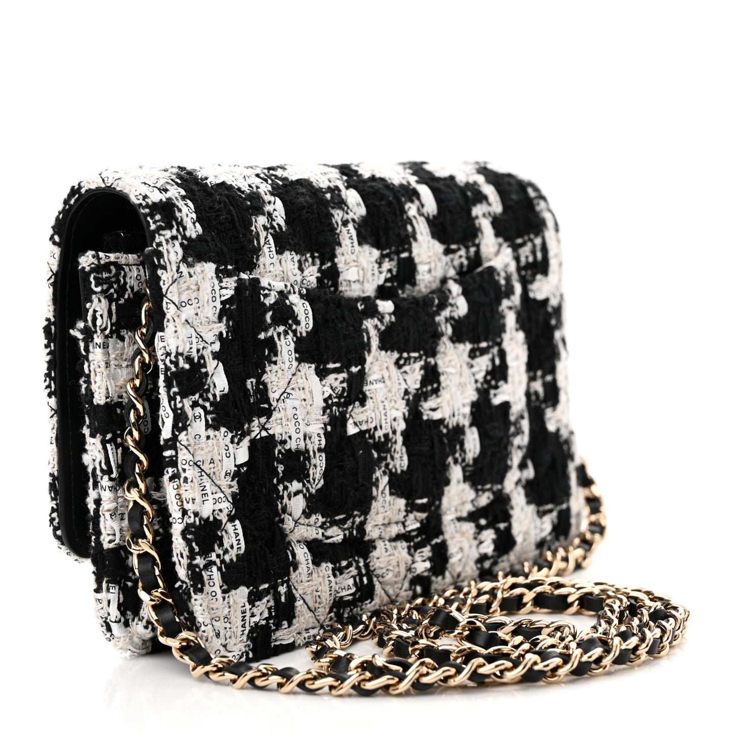 Tweed Quilted Wallet On Chain WOC Black Ecru White