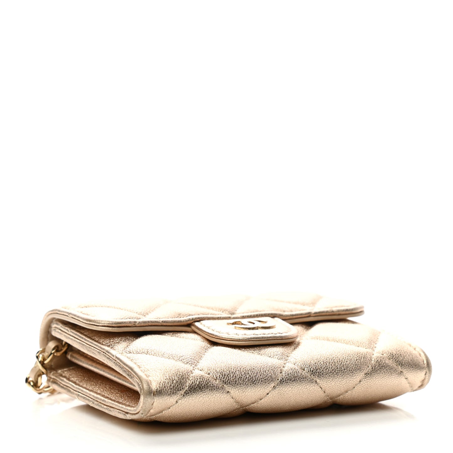 Metallic Lambskin Quilted Flap Card Holder On Chain Gold