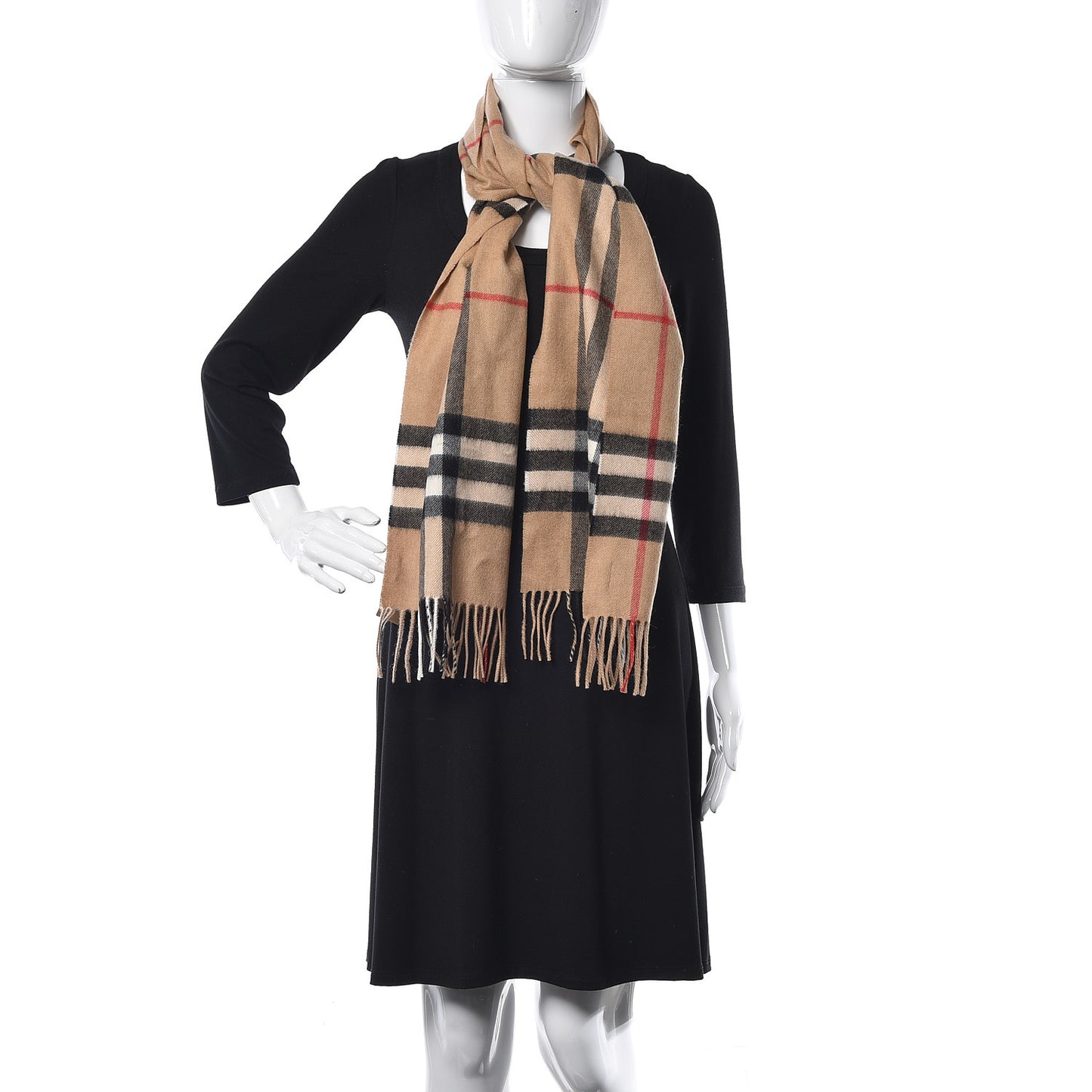 Cashmere Giant Check Fringe Scarf Camel