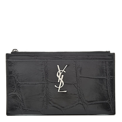 Saint Laurent Calfskin Crocodile Embossed Monogram Bill Pouch Black 1 of 8