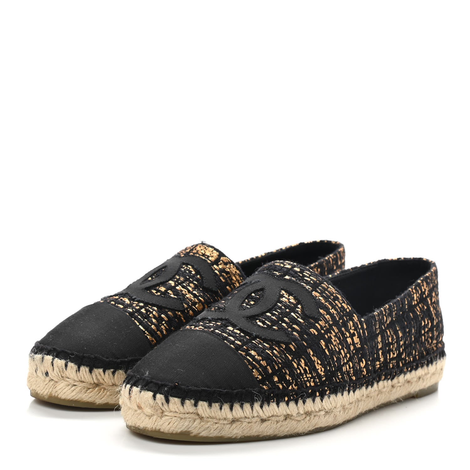 Chanel Metallic Tweed Grosgrain CC Espadrilles 39 Black Gold 3 of 10
