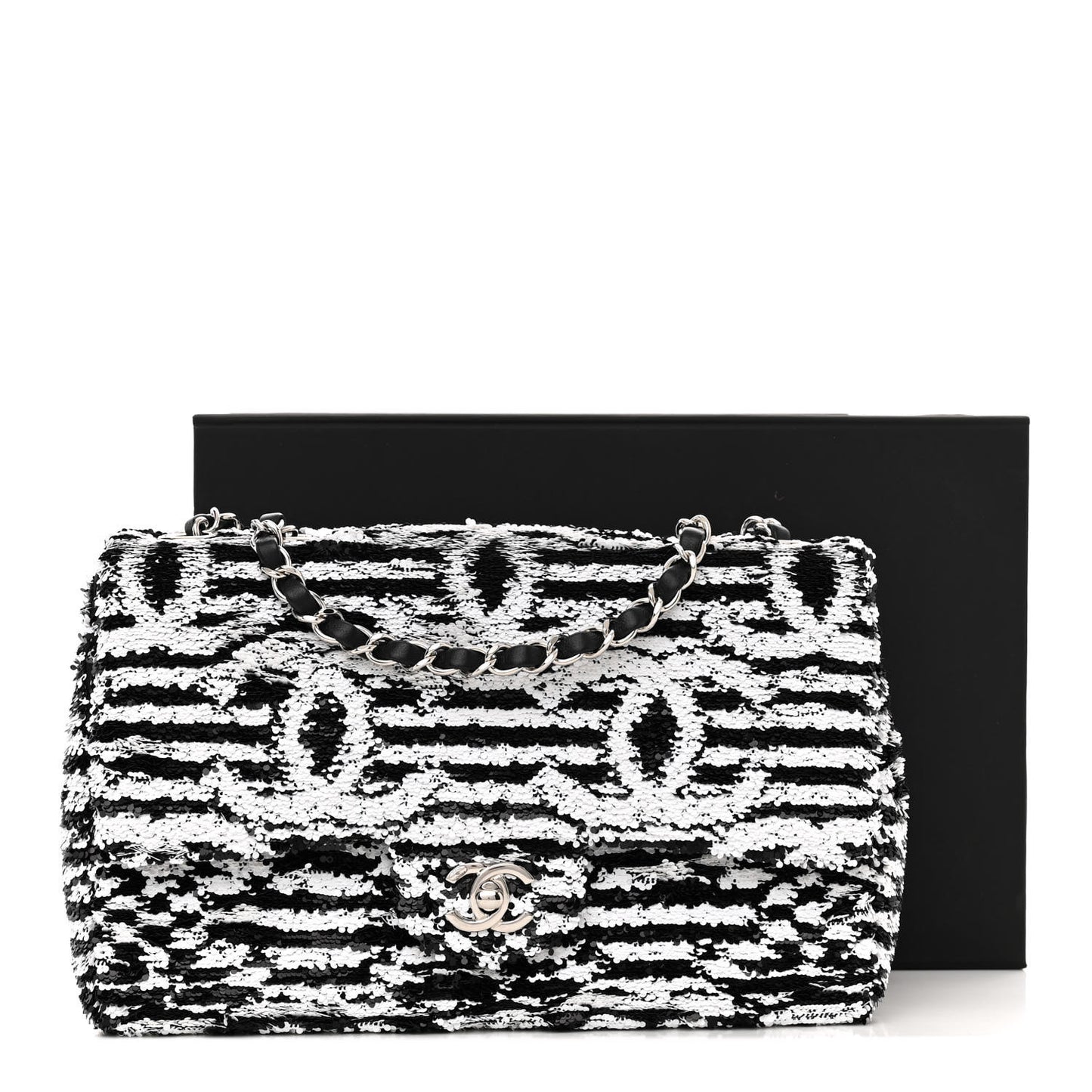 Sequin Embroidered Medium Flap Black White