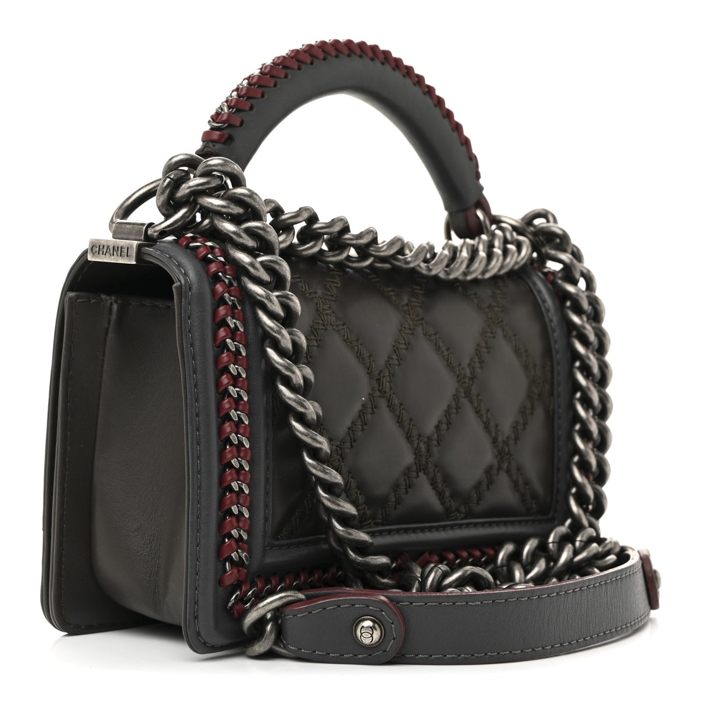 Calfskin Quilted Small Boy Top Handle Flap Grey Burgundy