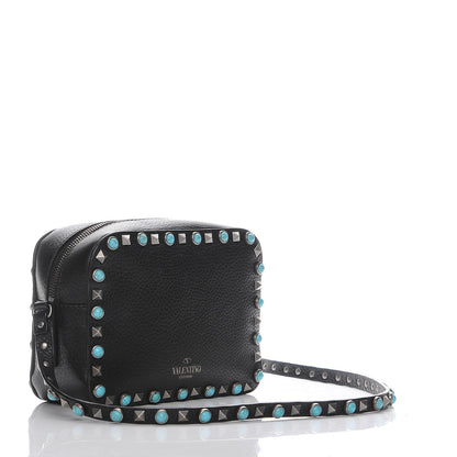 Valentino Garavani Grained Calfskin Turquoise Rockstud Rolling Camera Crossbody Bag Black 3 of 9