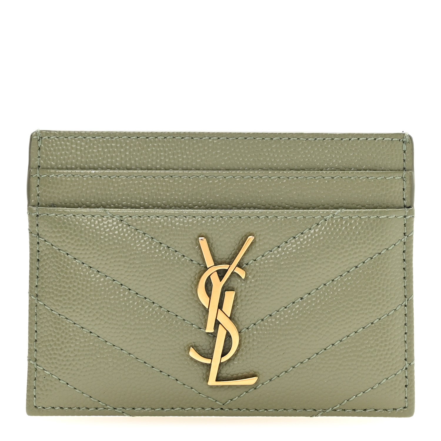 Saint Laurent Grain De Poudre Matelasse Chevron Monogram Credit Card Case Light Sage 1 of 8