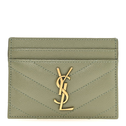 Saint Laurent Grain De Poudre Matelasse Chevron Monogram Credit Card Case Light Sage 1 of 8