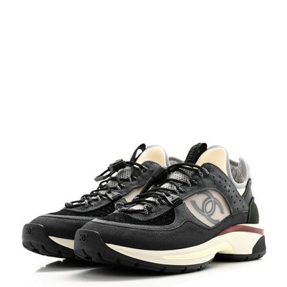 Chanel Fabric Suede Calfskin Mesh Womens CC Sneakers 38.5 Black Dark Grey White Light Grey 3 of 11