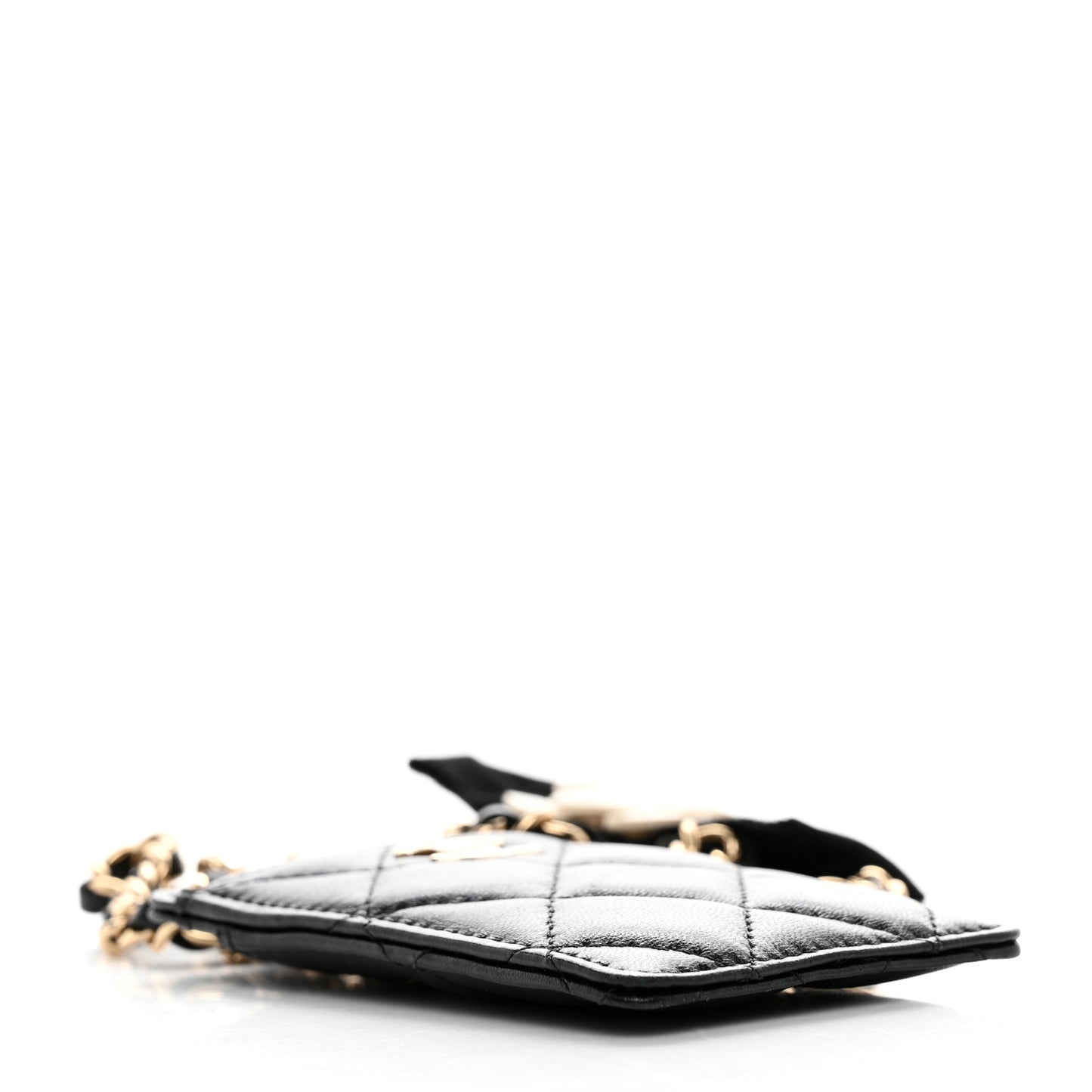 Lambskin Quilted Camellia Bow Card Holder On Chain Black
